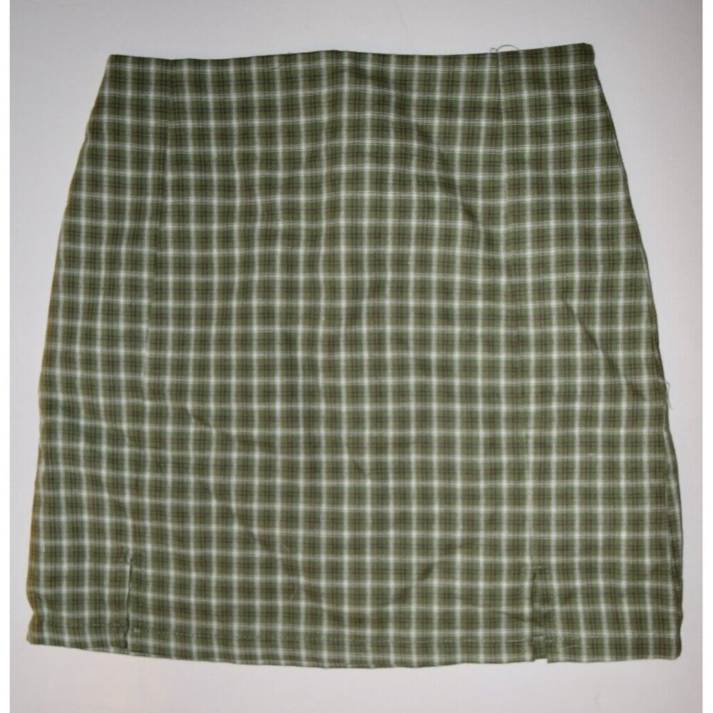 NWOT SHEIN WOMENS OLIVE GREEN Plaid Print Slit Hem Skirt SIZE XS